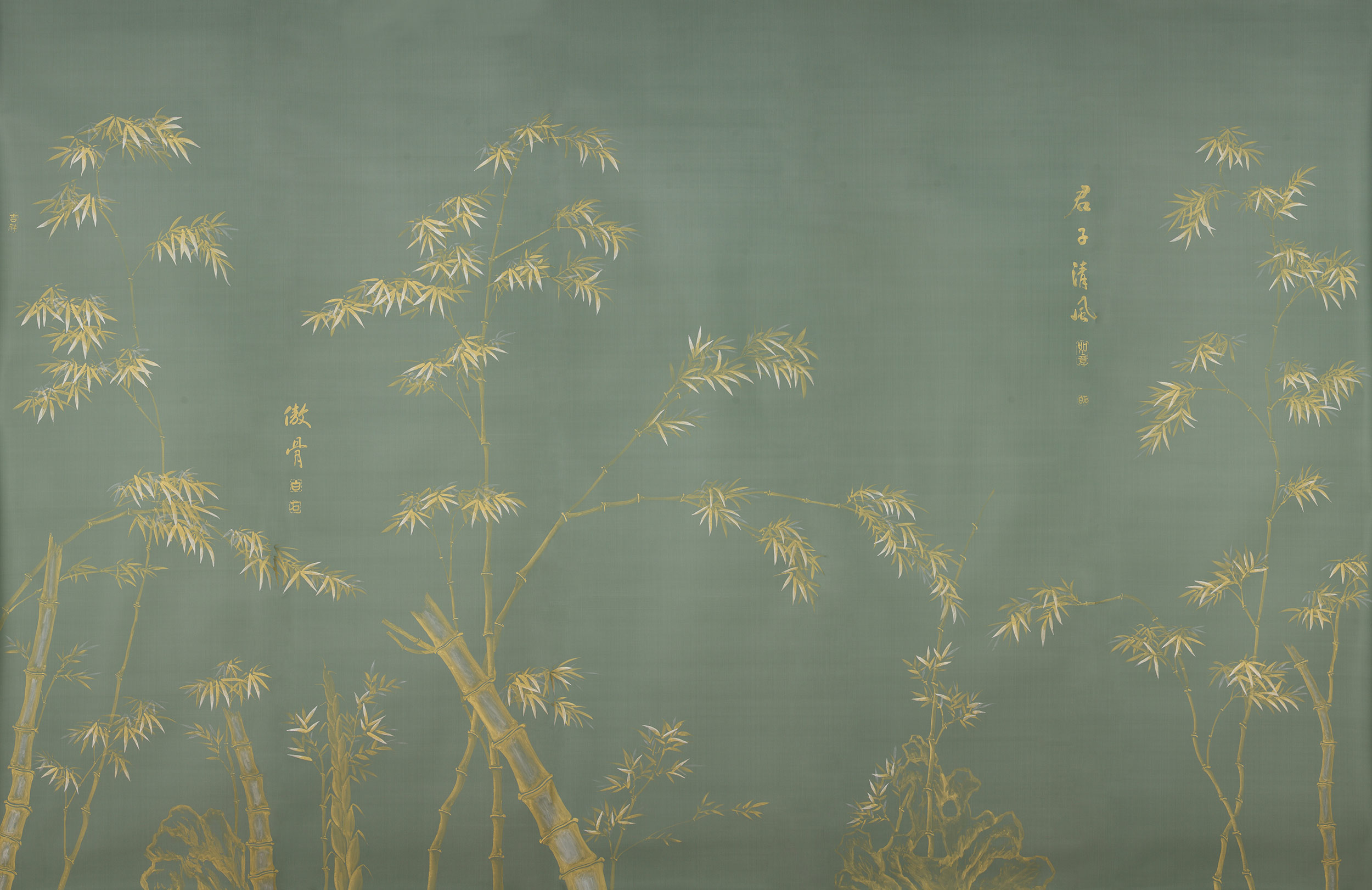 Обои ручная роспись Bamboo Golden on Blue grey dyed silk Обои ручная роспись Bamboo Golden on Blue grey dyed silk - постер Loft-Concept в Омске