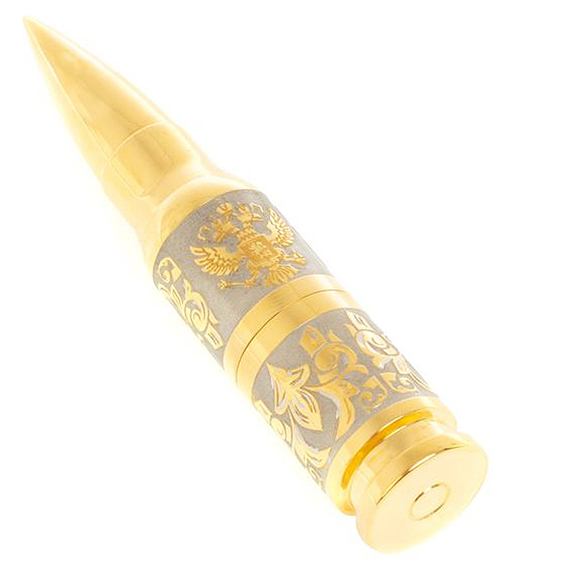 Флешка на 32 гб в виде патрона с гравировкой Герба РФ в подарочной коробке Metal Flash Drive Никель Золотой в Омске | Loft Concept 