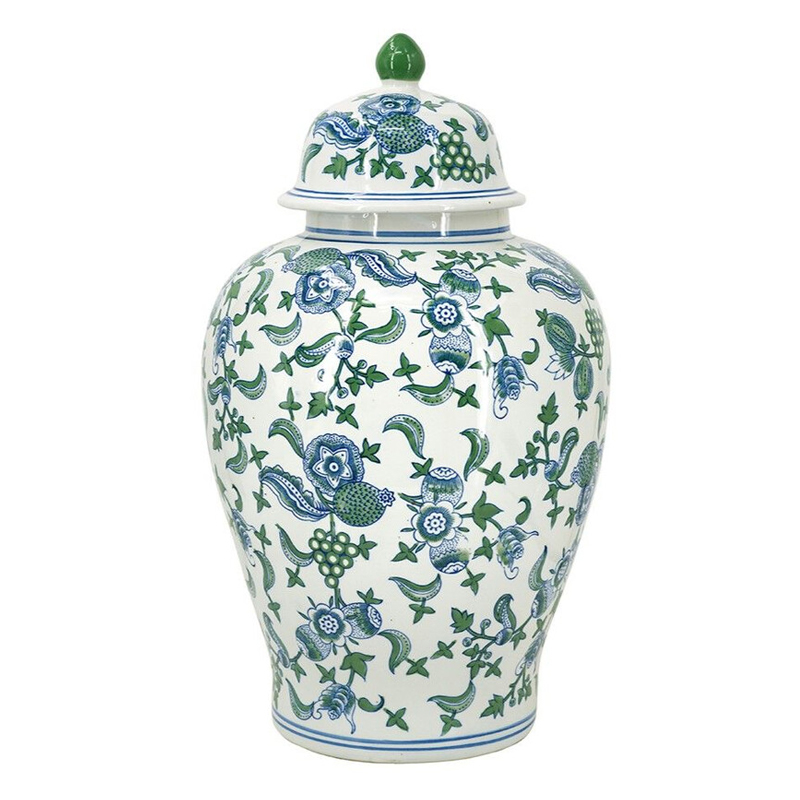Ваза с крышкой и зелено-голубым цветочным узором на белом фоне Blue & White Ornament Белый Синий Ваза с крышкой и зелено-голубым цветочным узором на белом фоне Blue & White Ornament Белый Синий в Омске | Loft Concept