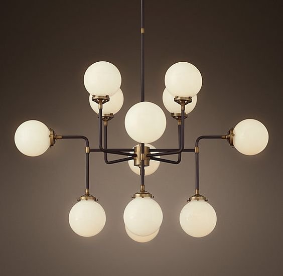 Люстра RH Bistro Globe Milk Glass 12-Light Chandelier Латунь Черный Белый в Омске | Loft Concept 