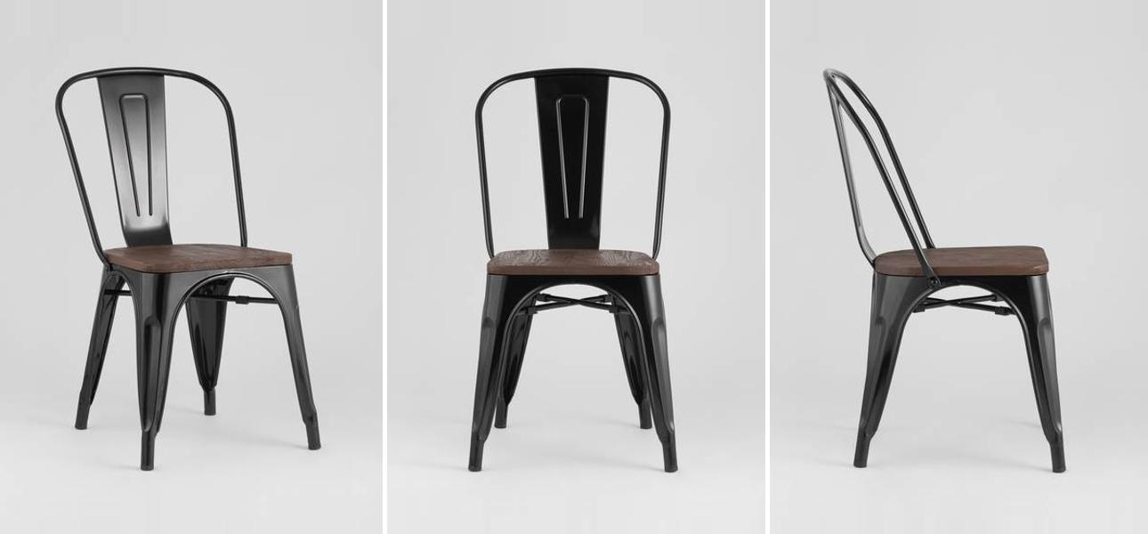 Стул Tolix Глянцевый Черный Металл Деревянное Сидение - фото
