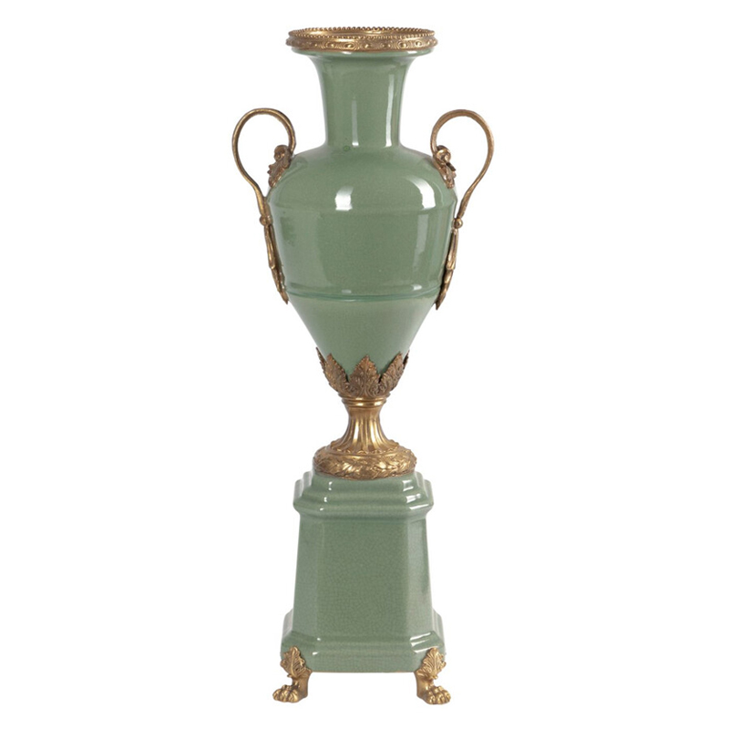 Ваза зеленого цвета из фарфора на высокой подставке с бронзовыми ручками Eden Garden porcelain and bronze Зеленый Бронза в Омске | Loft Concept 
