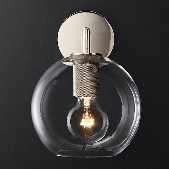 Бра RH Utilitaire Globe Shade Single Sconce Silver Прозрачное Стекло Никель в Омске | Loft Concept 