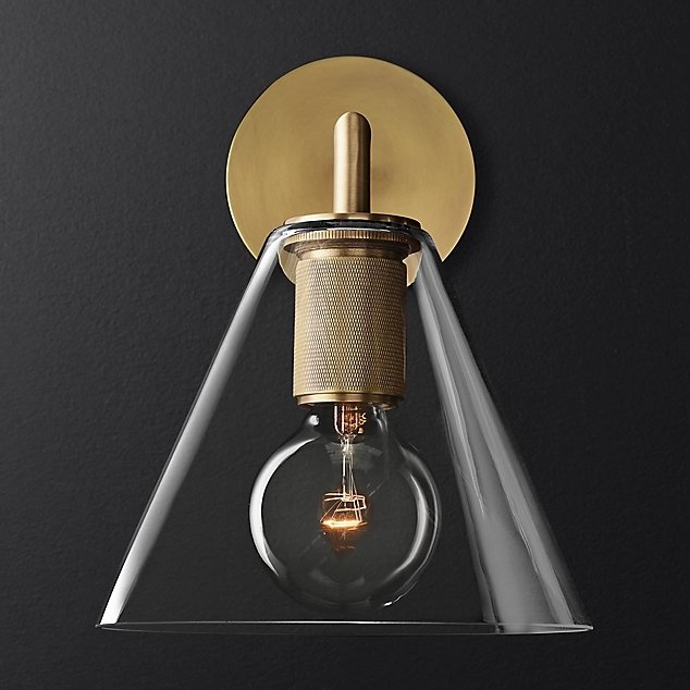 Бра RH Utilitaire Funnel Shade Single Sconce Brass Прозрачное Стекло Латунь в Омске | Loft Concept 