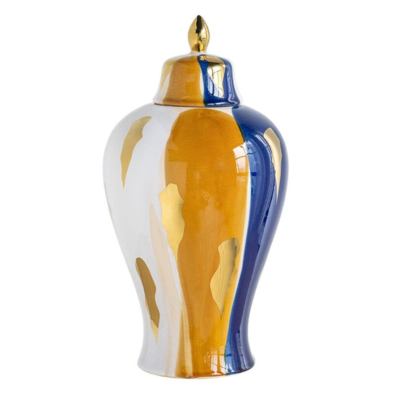 Ваза с крышкой и мазками синего и золого цвета на белом фоне Chinoiserie Ceramics Белый Оранжевый Золотой Синий Ваза с крышкой и мазками синего и золого цвета на белом фоне Chinoiserie Ceramics Белый Оранжевый Золотой Синий в Омске | Loft Concept