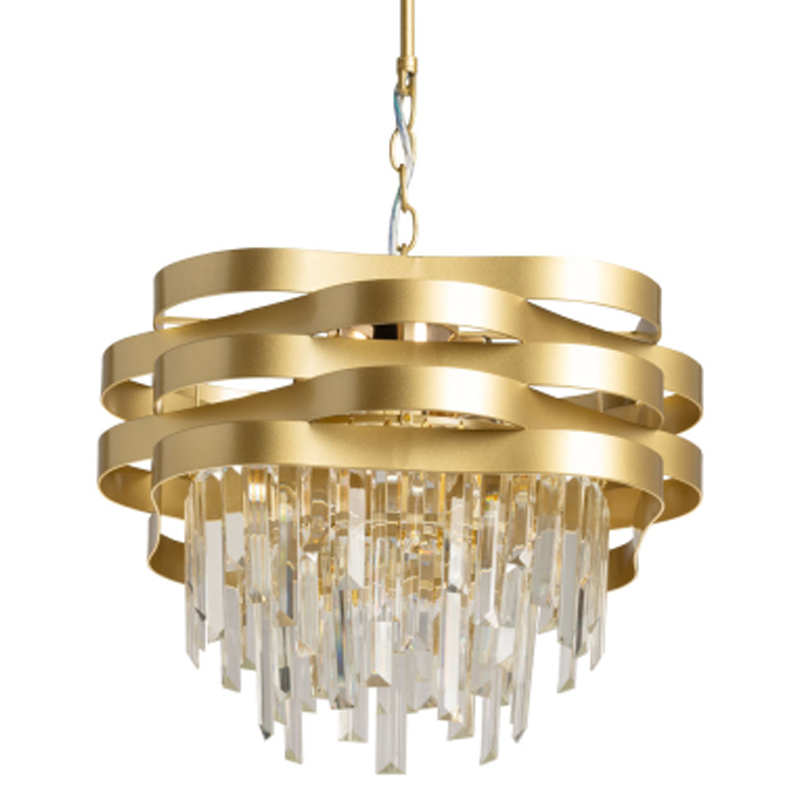 Люстра цвета матового золота с металлическими лентами и длинными прозрачными подвесками Gilded Waves Золотой Прозрачный в Омске | Loft Concept 