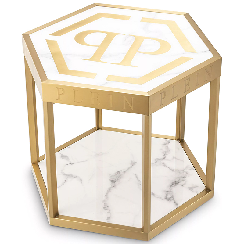 Приставной стол Philipp Plein Side Table Billionaire Золотой Белый Мрамор Bianco в Омске | Loft Concept 