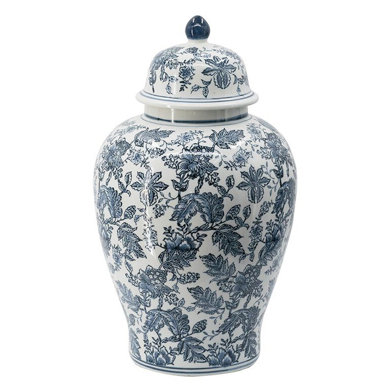 Ваза с крышкой и бело-синим цветочным узором Blue & White Ornament Белый Синий Ваза с крышкой и бело-синим цветочным узором Blue & White Ornament Белый Синий в Омске | Loft Concept