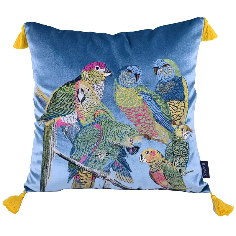 Декоративная подушка с вышивкой Embroidery Parrots Pillow Blue Голубой Мульти в Омске | Loft Concept 