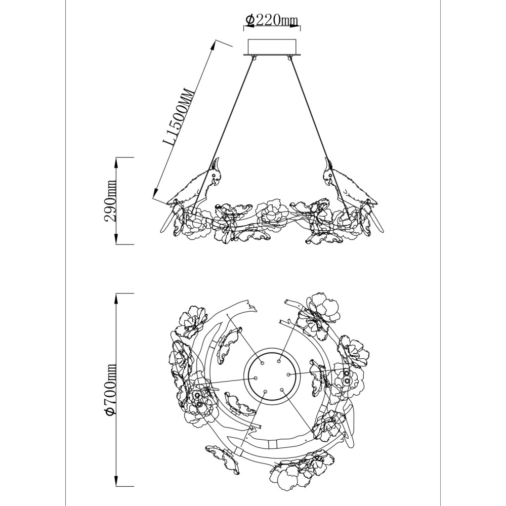 Люстра круглая на золотом каркасе с птичками и цветочным декором Miscellaneous herbs в Омске