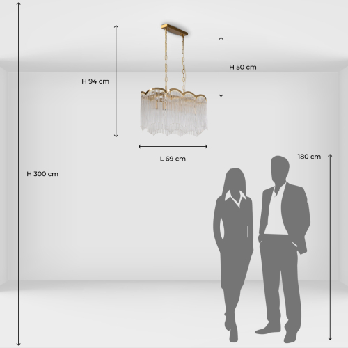 Люстра прямоугольная на цепях с прозрачными трубками и волнистым краем Nembus в Омске