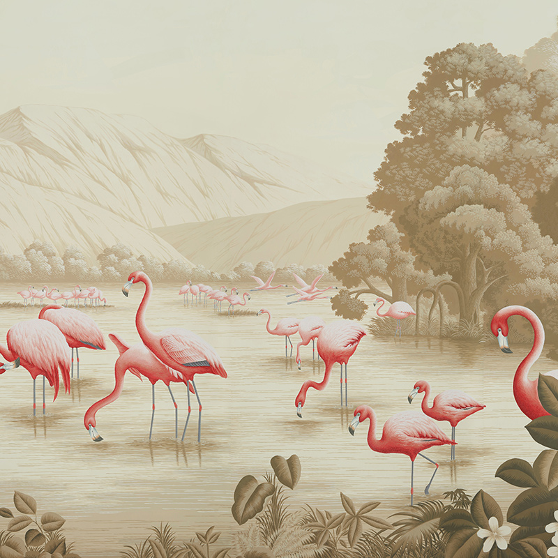 Обои ручная роспись Flamingos Flamingo on Sepia scenic paper  в Омске | Loft Concept 