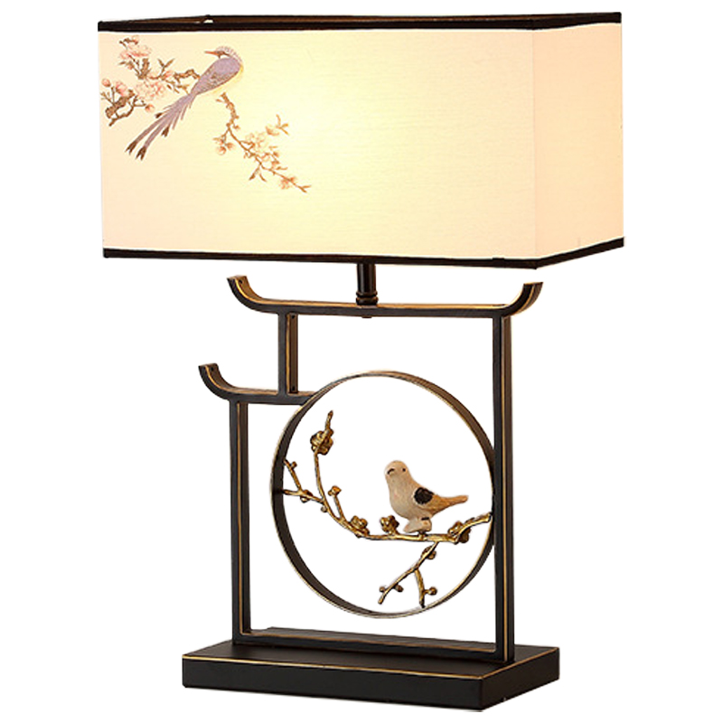 Настольная лампа с абажуром Bird Chinese Style Modern Table Lamp Черный Бежевый Золотой в Омске | Loft Concept 