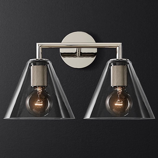 Бра RH Utilitaire Funnel Shade Double Sconce Silver Прозрачное Стекло Никель в Омске | Loft Concept 