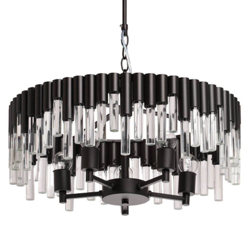 Люстра круглая из матового черного металла с подвесками из прозрачных стеклянных трубок Noir Tubes Черный Прозрачное Стекло в Омске | Loft Concept 