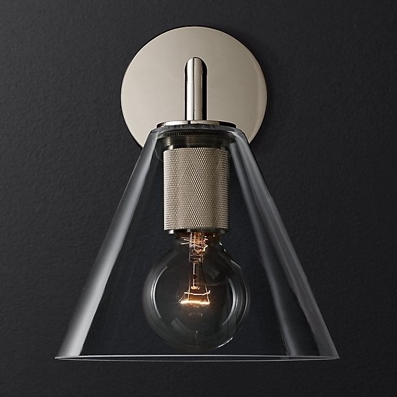 Бра RH Utilitaire Funnel Shade Single Sconce Silver Прозрачное Стекло Никель в Омске | Loft Concept 