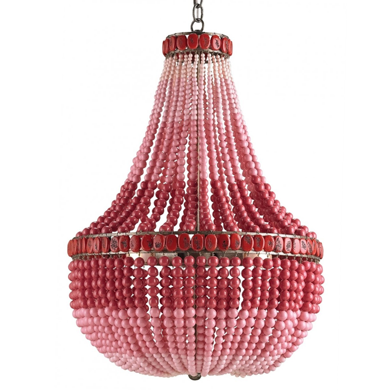 Люстра каплевидной формы украшенная круглыми бусинами Wooden Beads Chandelier Red Pink Красный Розовый Винтажная латунь Люстра каплевидной формы украшенная круглыми бусинами Wooden Beads Chandelier Red Pink Красный Розовый Винтажная латунь в Омске | Loft Concept