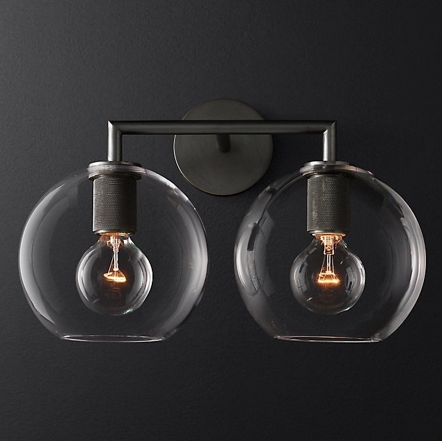 Бра RH Utilitaire Globe Shade Double Sconce Black Прозрачное Стекло Темная бронза в Омске | Loft Concept 