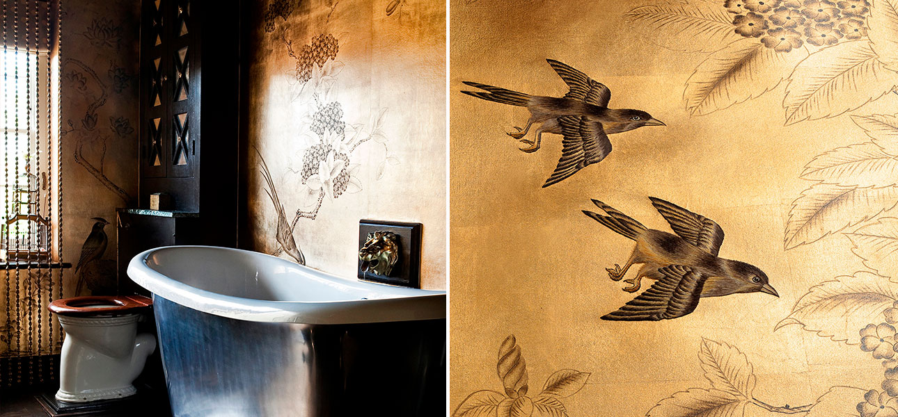 Обои ручная роспись Japanese Garden Dark Lacquer on Deep Rich Gold gilded silk - фото