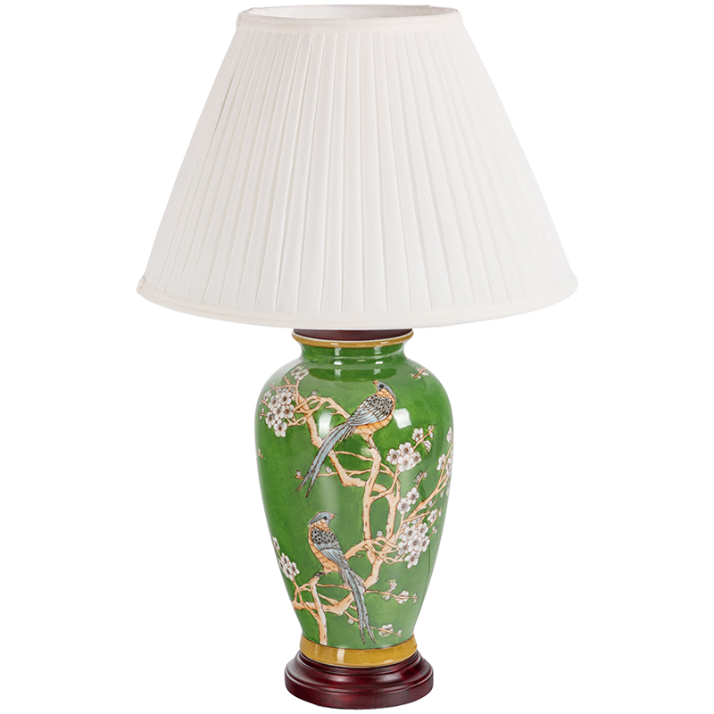 Настольная лампа с абажуром Birds Green Chinoiserie Lampshade Зеленый Белый Коричневый в Омске | Loft Concept 