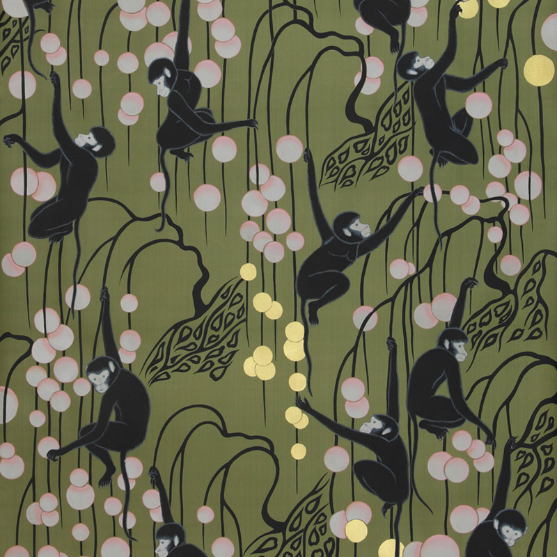 Обои ручная роспись Deco Monkeys Special Colourway on Olive dyed silk  в Омске | Loft Concept 