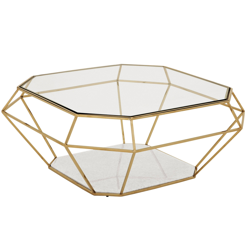 Кофейный стол Eichholtz Coffee Table Asscher Золотой Прозрачный Белый Мрамор Bianco в Омске | Loft Concept 