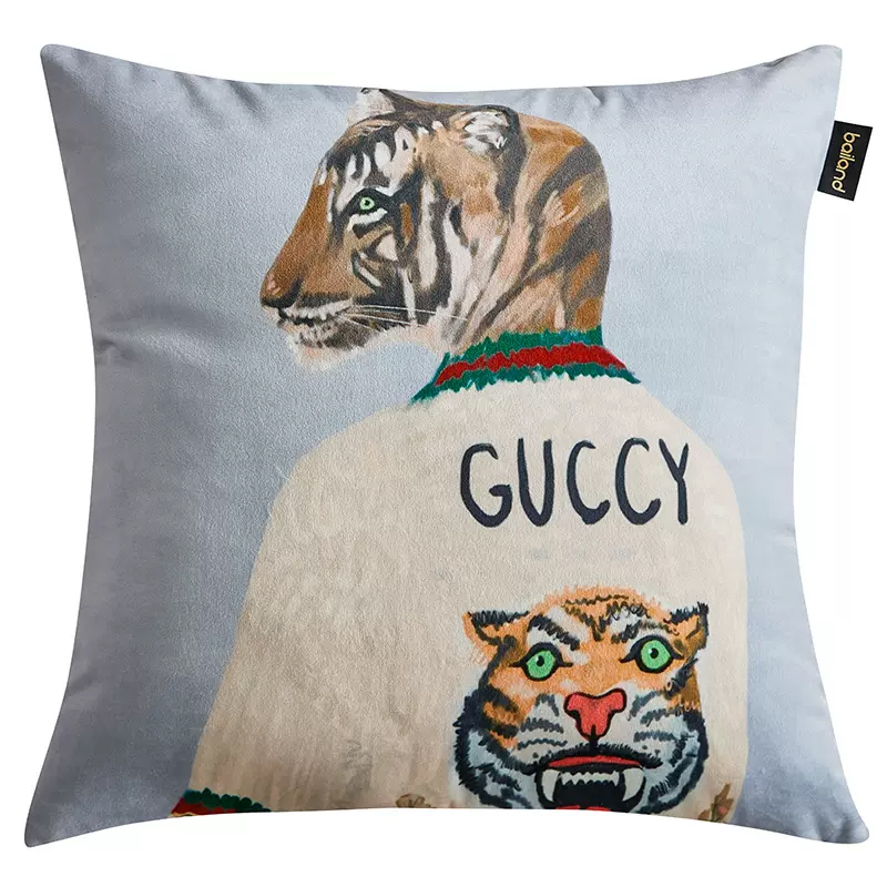 Декоративная подушка Стиль Gucci Tiger Cushion Grey Серый Мульти в Омске | Loft Concept 