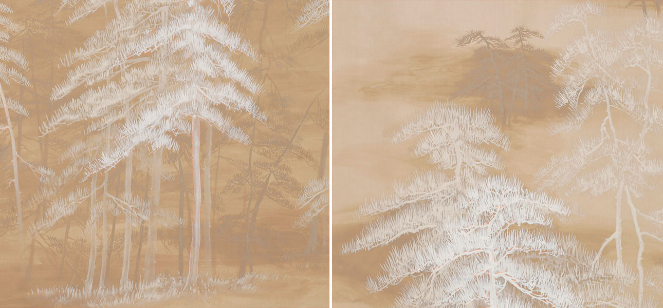 Обои ручная роспись Abstract Pines Original colourway on Stone Ochre dyed silk - фото