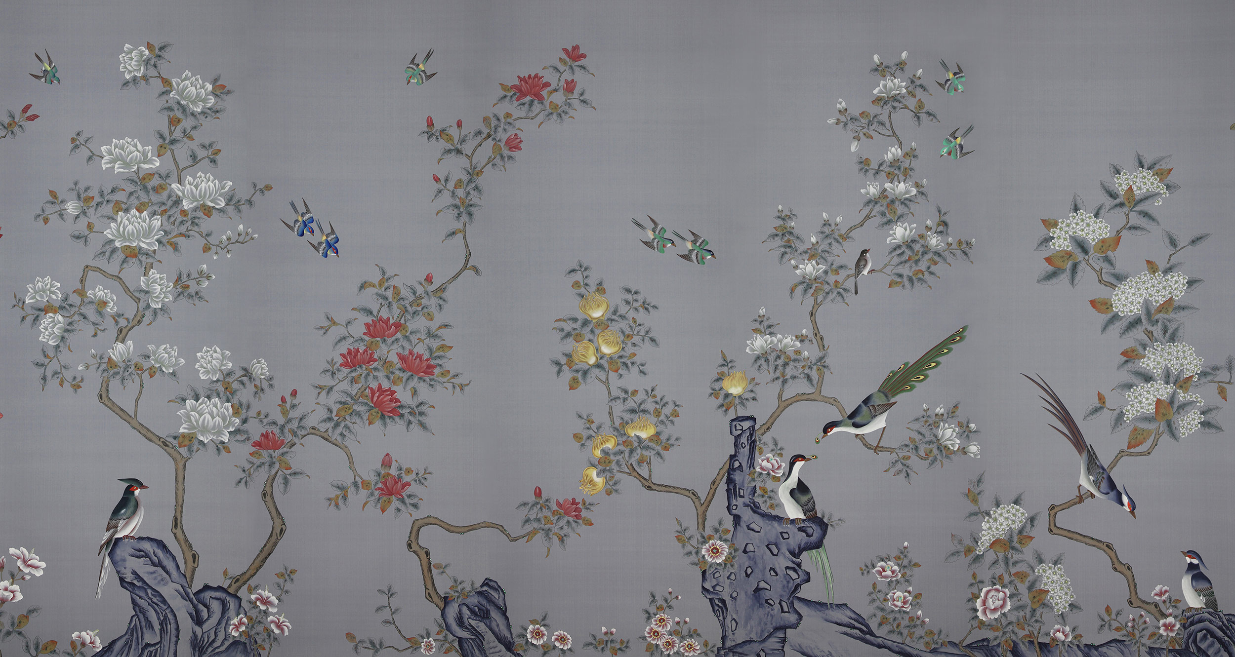 Обои ручная роспись Japanese Garden Original colourway on Gun Metal dyed silk Обои ручная роспись Japanese Garden Original colourway on Gun Metal dyed silk - постер Loft-Concept в Омске