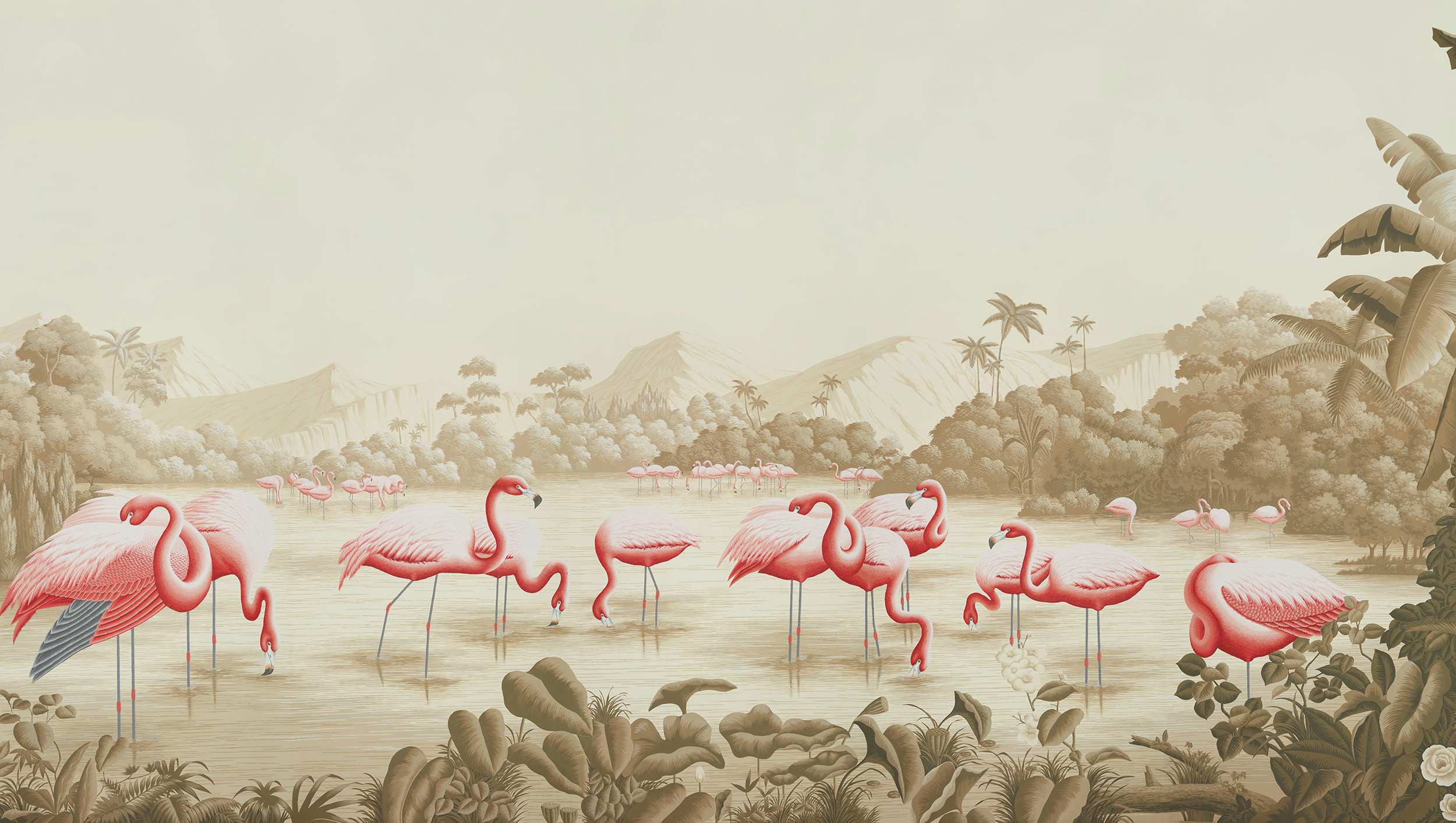 Обои ручная роспись Flamingos Flamingo on Sepia scenic paper Обои ручная роспись Flamingos Flamingo on Sepia scenic paper - постер Loft-Concept в Омске