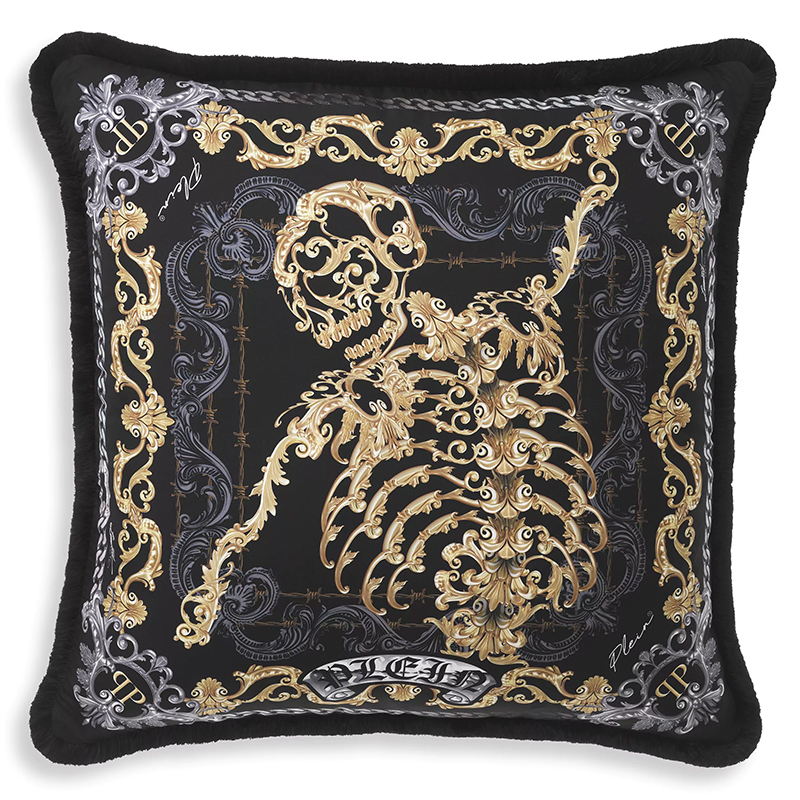 Подушка Philipp Plein Cushion Silk Skeleton 70 x 70 cm Черный Золотой Серый в Омске | Loft Concept 