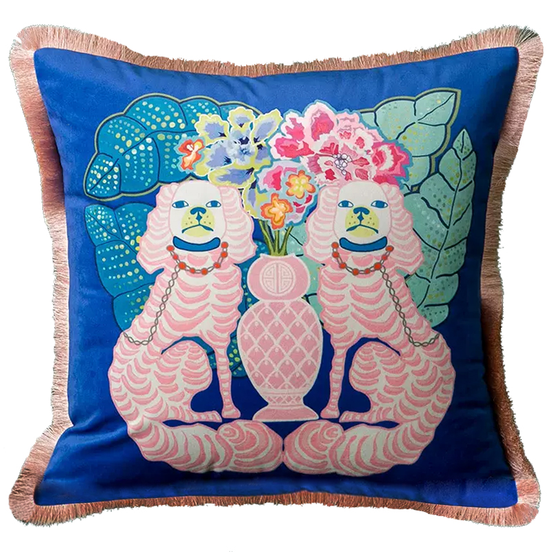 Декоративная подушка Two Pink Dogs on Blue Cushion Синий Розовый Мульти в Омске | Loft Concept 