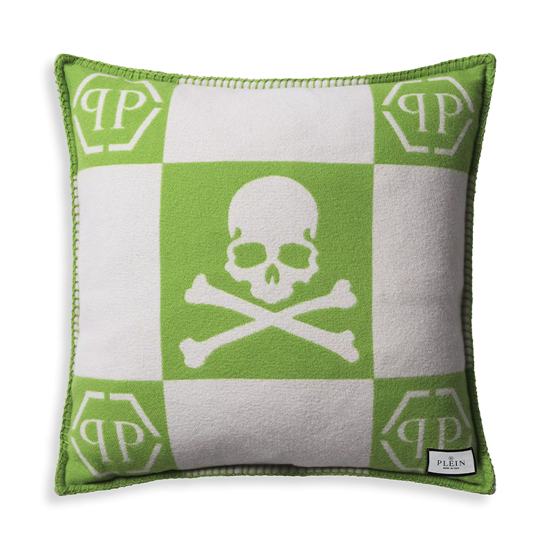 Подушка Philipp Plein Cushion Cashmere Skull 45 x 45 Green Зеленый Белый в Омске | Loft Concept 