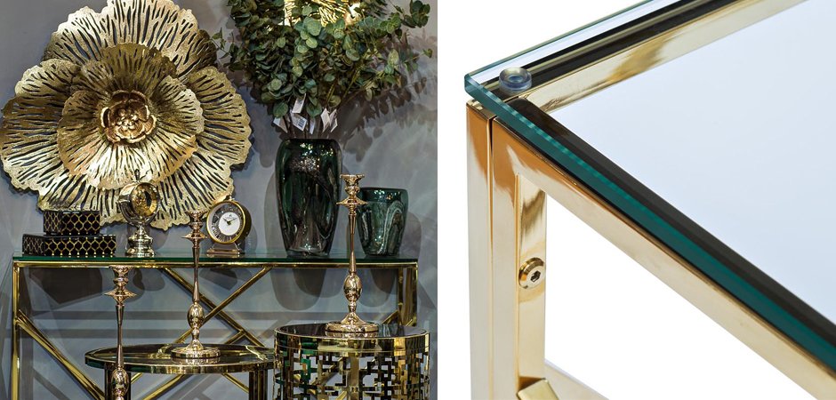 Консоль Serene Furnishing Gold Clear Glass Top Console Консоль Serene Furnishing Gold Clear Glass Top Console - Loft-Concept в Омске