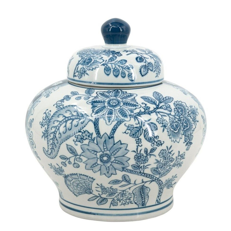Ваза с крышкой и синим узором в виде цветов и листьев Blue & White Ornament Белый Синий Ваза с крышкой и синим узором в виде цветов и листьев Blue & White Ornament Белый Синий в Омске | Loft Concept