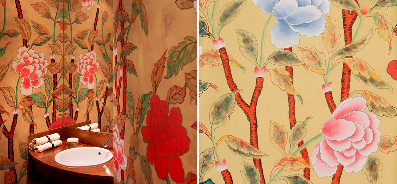 Обои ручная роспись Korean Peony Original colourway on Sienna Earth dyed silk - фото