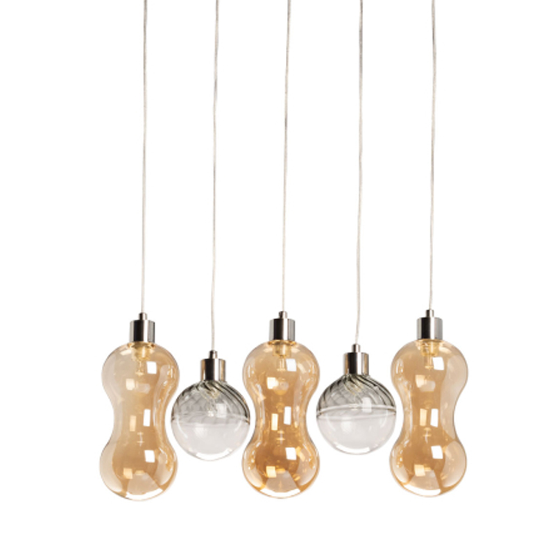 Люстра с 3-мя плафонами волнообразной формы цвета янтарь и 2-мя прозрачными шарообразными плафонами Lucid Rain  Черный Прозрачный Янтарный в Омске | Loft Concept 