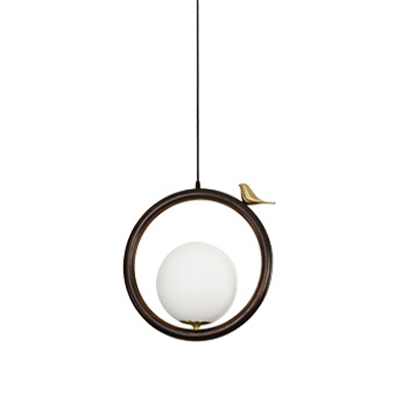 Светильник с птичкой Bird Wood Ring Hanging Lamp Латунь Белый Коричневый в Омске | Loft Concept 