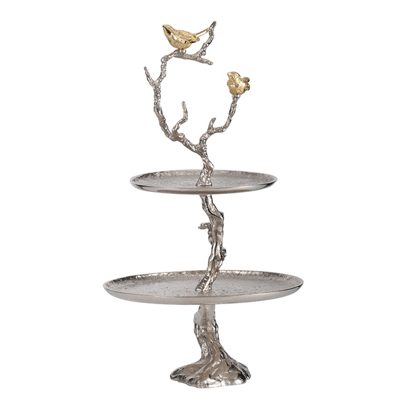 Блюдо двухъярусное Birds on Branches silver Сатиновое Серебро  Золотой в Омске | Loft Concept 