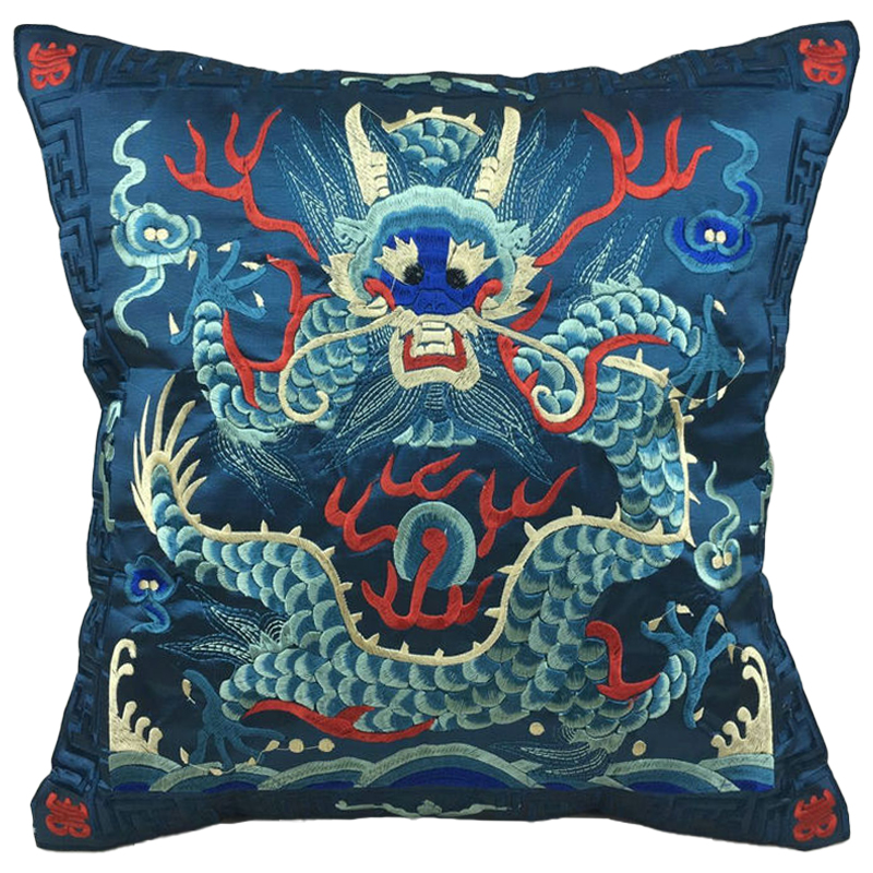 Декоративная подушка с вышивкой Chinese Dragon Blue Мульти Синий в Омске | Loft Concept 