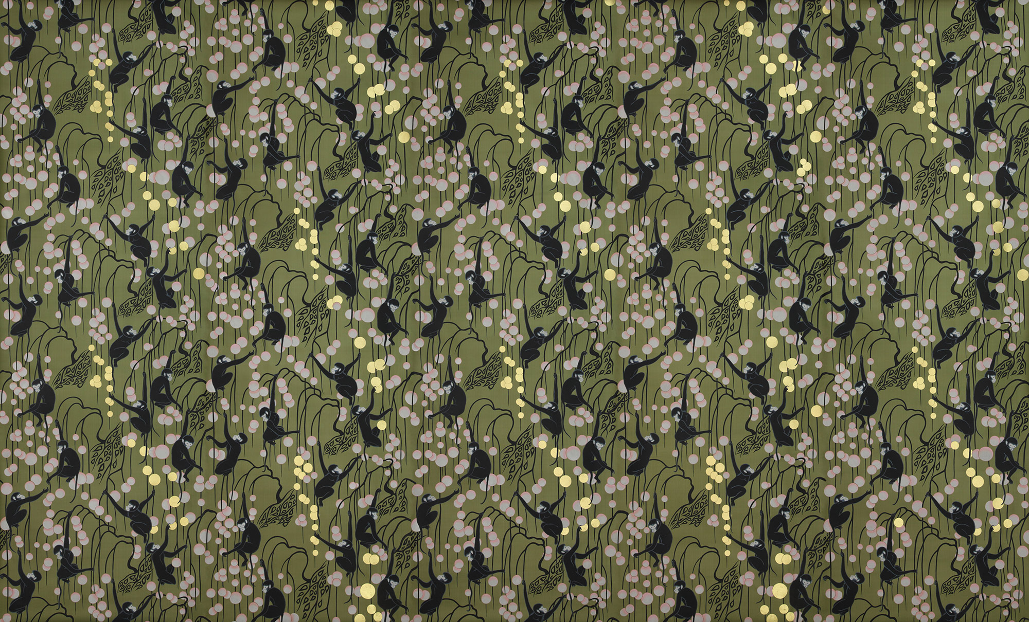 Обои ручная роспись Deco Monkeys Special Colourway on Olive dyed silk Обои ручная роспись Deco Monkeys Special Colourway on Olive dyed silk - постер Loft-Concept в Омске