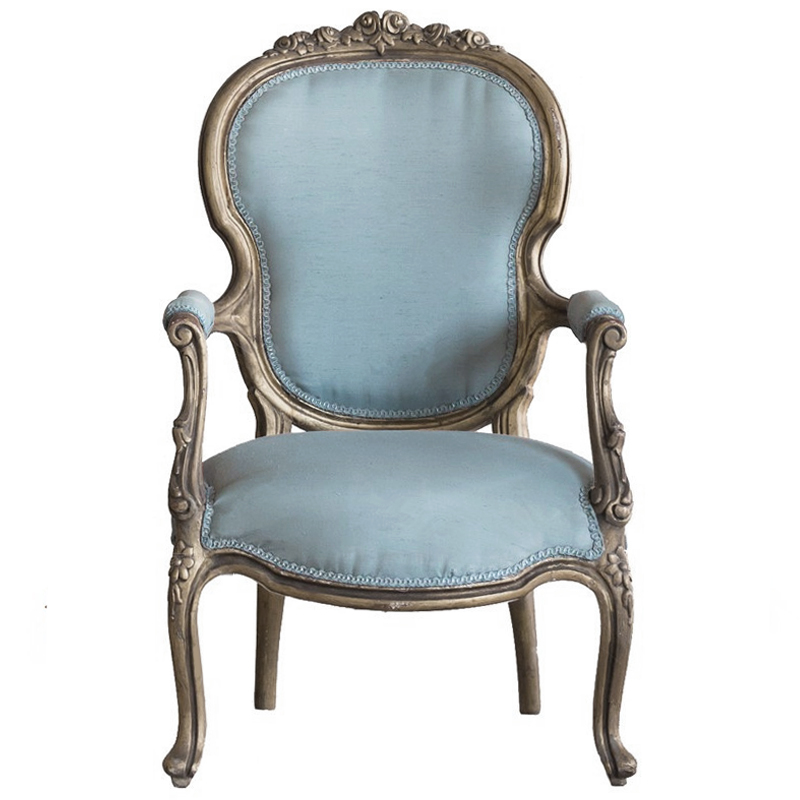 Кресло Arm Carved Chair  blue linen Голубой пастельный Темный дуб в Омске | Loft Concept 