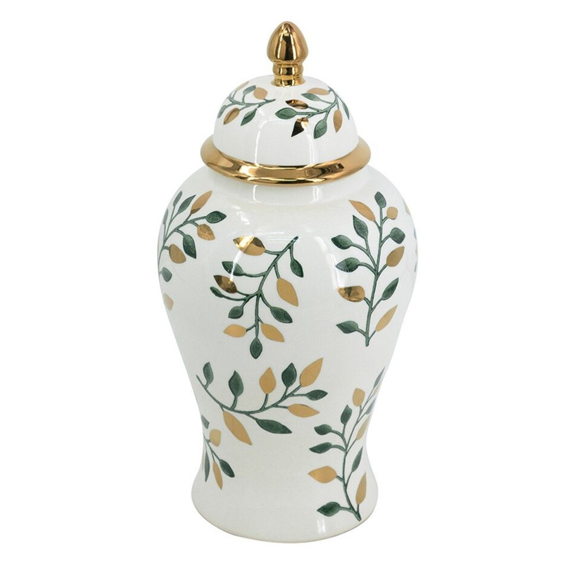 Ваза белая с крышкой с рисунком зеленых и золотых листьев 40 см Chinoiserie Ceramics Белый Зеленый Золотой Ваза белая с крышкой с рисунком зеленых и золотых листьев 40 см Chinoiserie Ceramics Белый Зеленый Золотой в Омске | Loft Concept