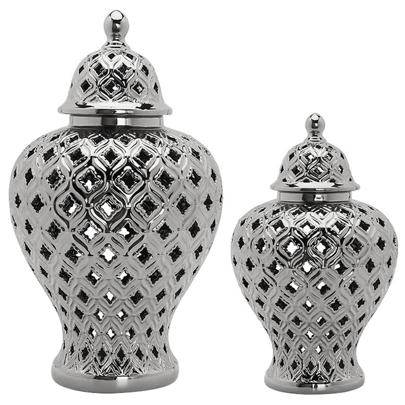 Ваза с крышкой Ceramic Silver Carving Vase Серебряный в Омске | Loft Concept 