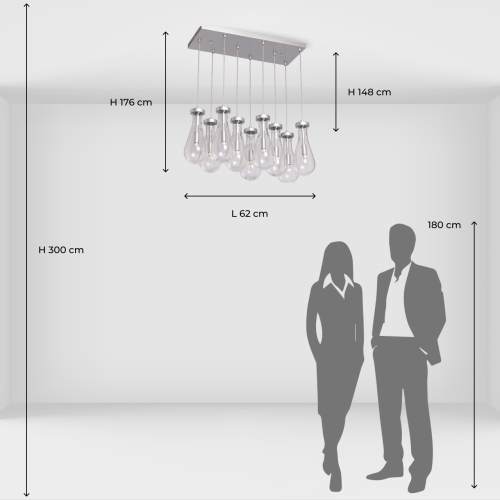 Люстра с 9-ю прозрачными плафонами из стекла в форме капли на прямоугольном потолочном основании цвета хром Lucid Rain  в Омске