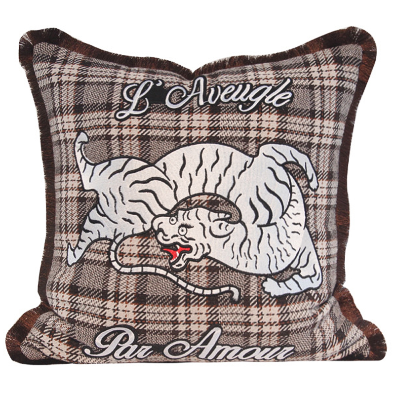 Декоративная подушка с вышивкой Стиль Gucci Plaid Print Tiger Cushion Коричневый Бежевый Красный в Омске | Loft Concept 