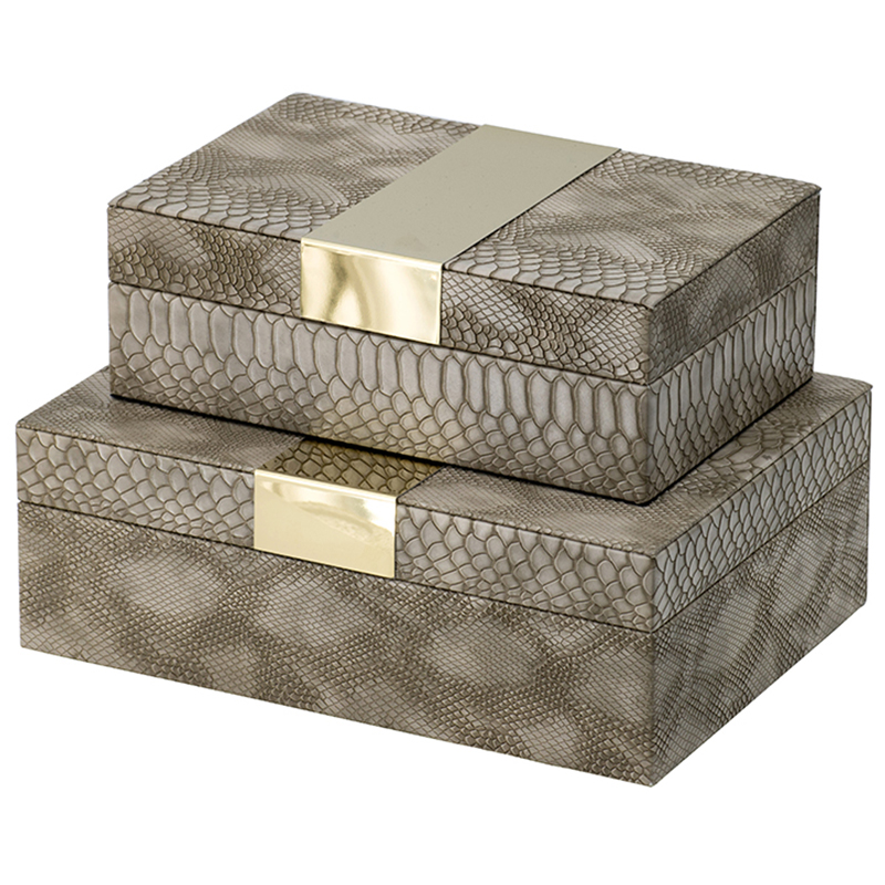 Комплект шкатулок Imitation Snakeskin Boxes Бежево-серый Глянцевое золото в Омске | Loft Concept 