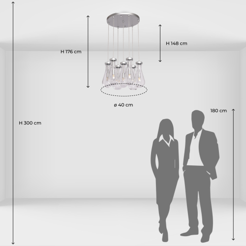 Люстра с 7-ю прозрачными плафонами из стекла в форме капли на круглом потолочном основании цвета хром Lucid Rain  в Омске
