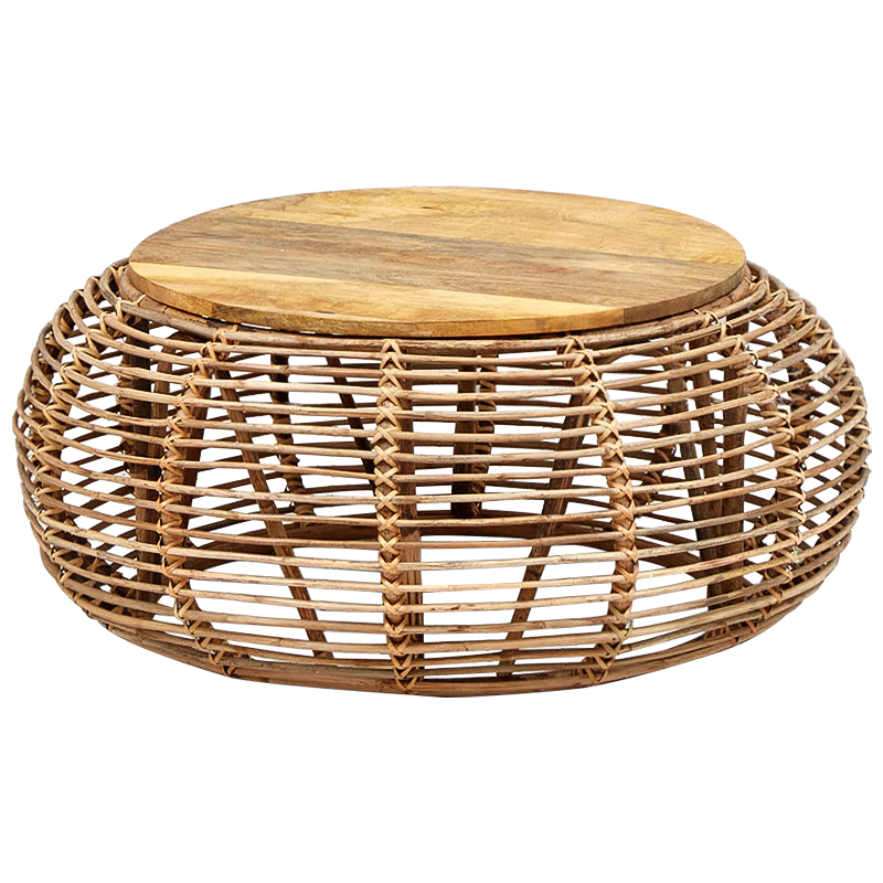 Плетеный кофейный стол с деревянной столешницей Wicker Wood Coffee Table Древесина в Омске | Loft Concept 