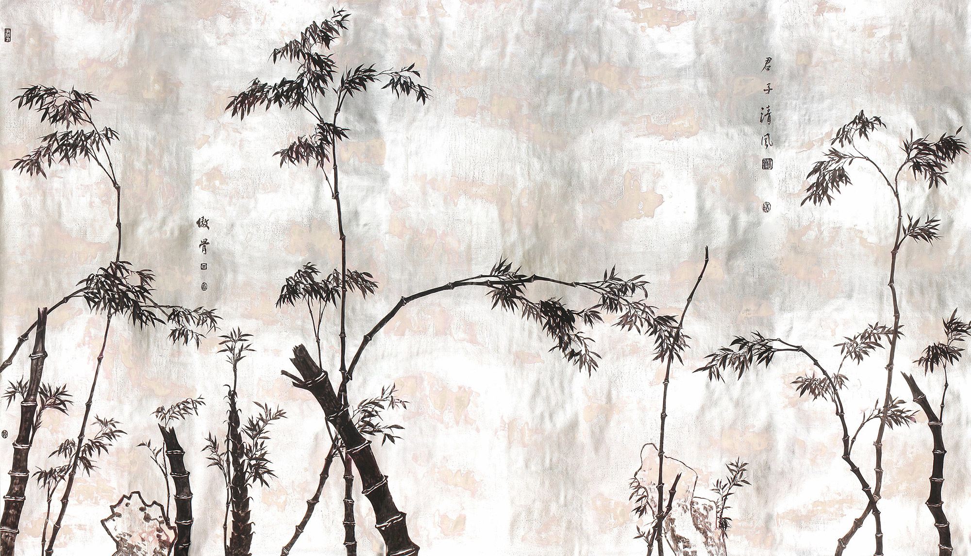 Обои ручная роспись Bamboo Quicksilver on Tarnished Silver gilded paper - постер Loft-Concept в Омске